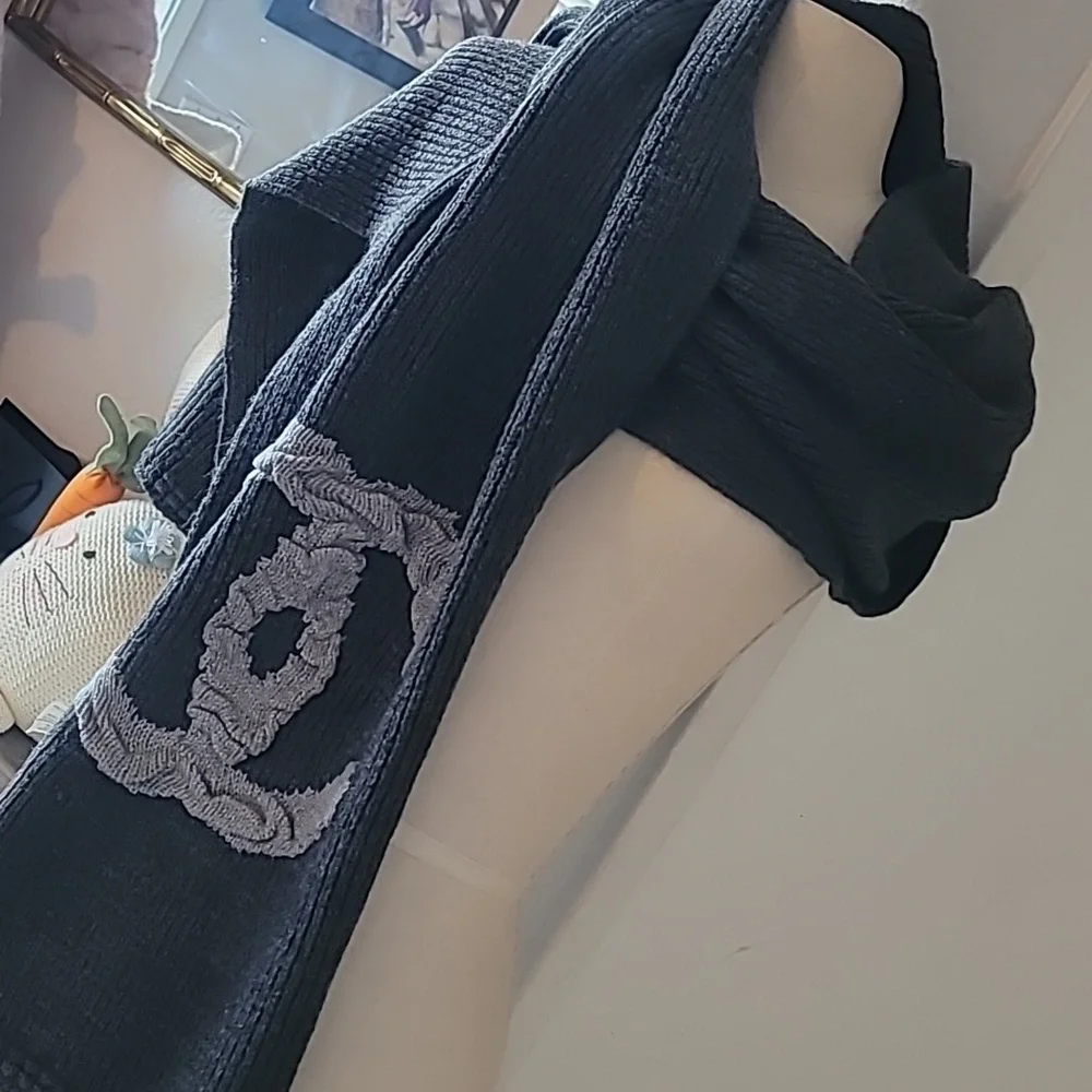 CHANEL Black Scarf with Gray CC Logo
